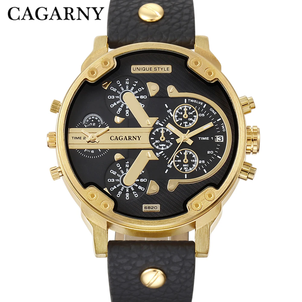 CAGARNY Men Luxury Brand Leather Strap Quartz Watch Male Calendar