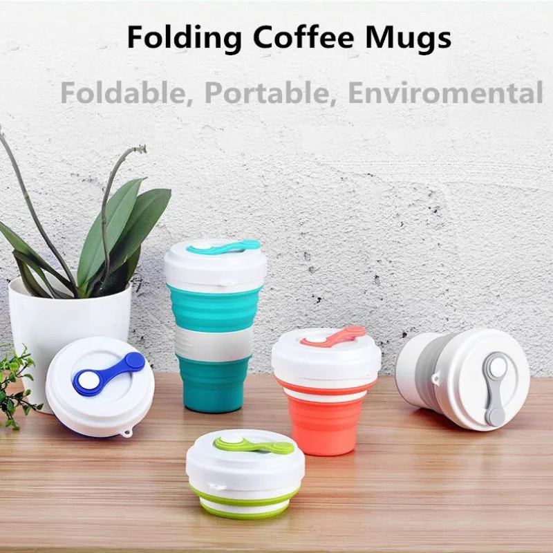 Portátil plegable taza de silicona plegable Camping taza con tapas taza de agua potable botella de Camping al aire libre senderismo