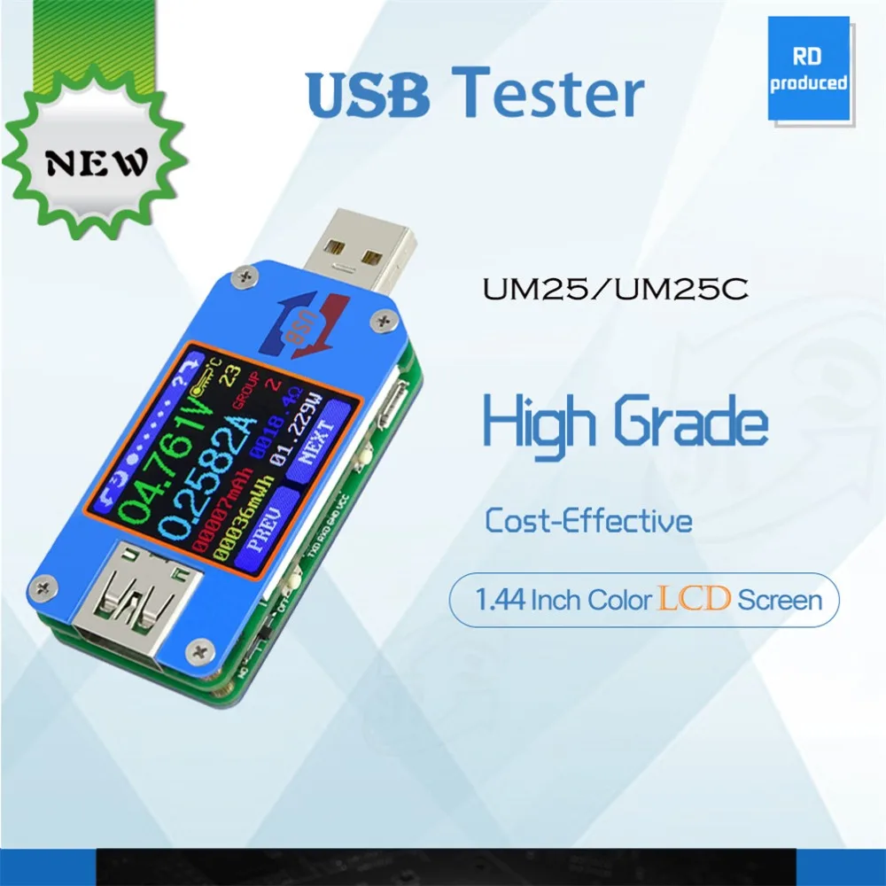 RD UM25C/UM25 USB 2,0 type-C цветной ЖК-тестер измеритель напряжения тока Вольтметр Амперметр Измерение заряда батареи сопротивление кабеля