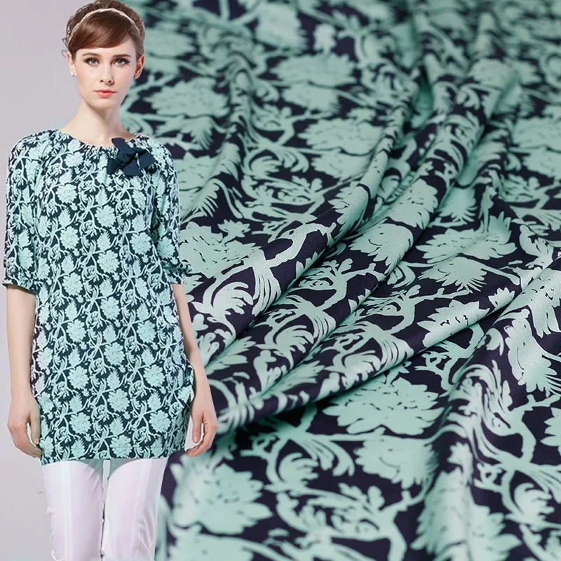 Pearlsilk 16momme Green Flowers Printed Elastic Crepe de Chine Mulberry Silk Materials Dress DIY clothes fabrics Freeshipping