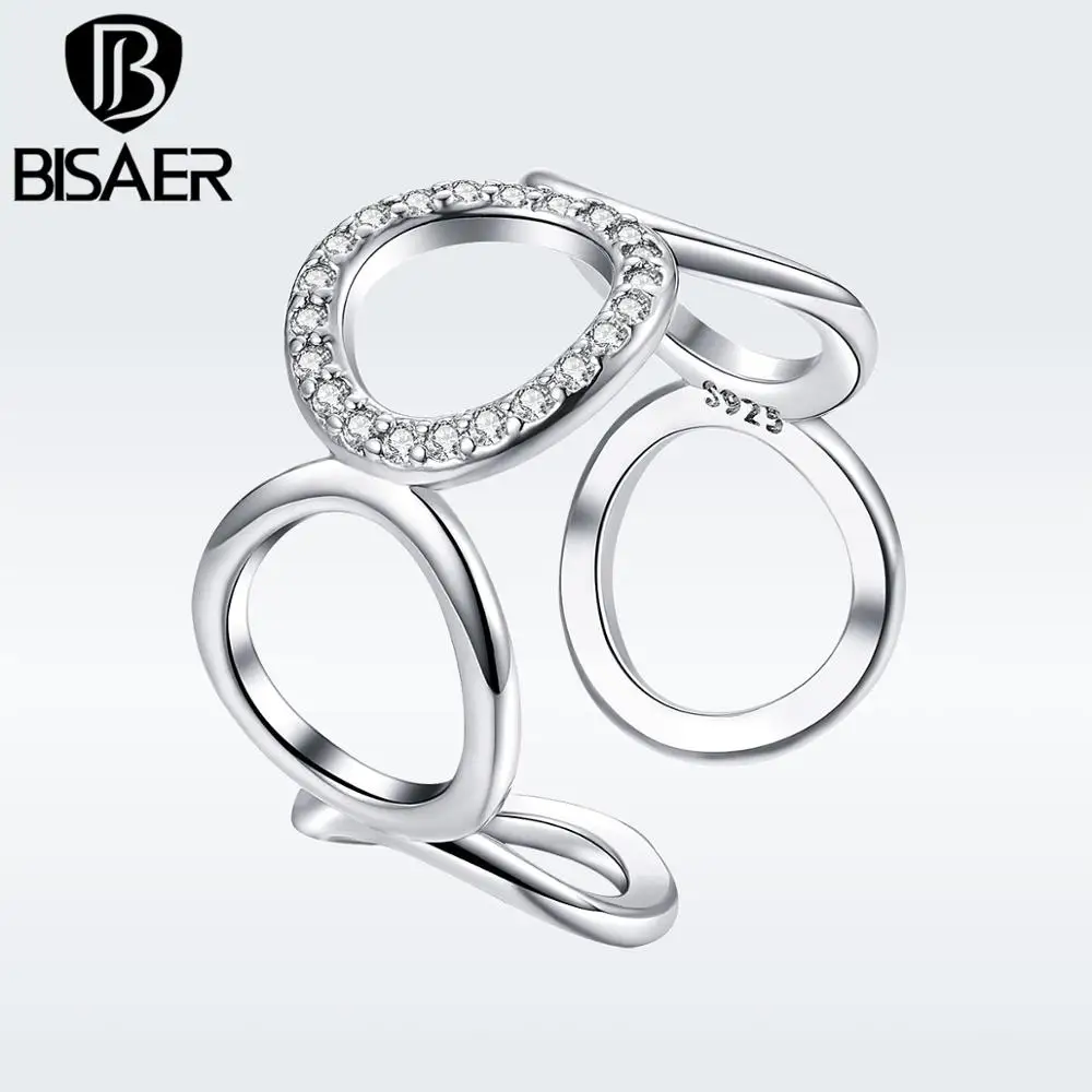 BISAER Copper Minimalist Round Circle Open Adjustable Rings Women Crystal Fashion Jewelry 2019 New Mode Argent Bijoux GSR216