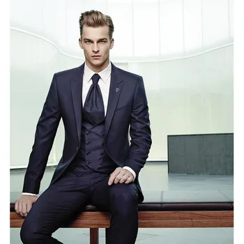 

2017 Navy Blue Men Suit Slim Fit 3 Pieces vestido de festa Tuxedo Custom wedding mens Suits Groom Prom Blazer terno masculino