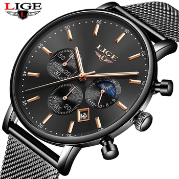 

Top Luxury Brand LIGE 2019 New Men's Fashion Ultra Thin Quartz Watch Men Moon Phase Business Calendar Waterproof Clock Relojes