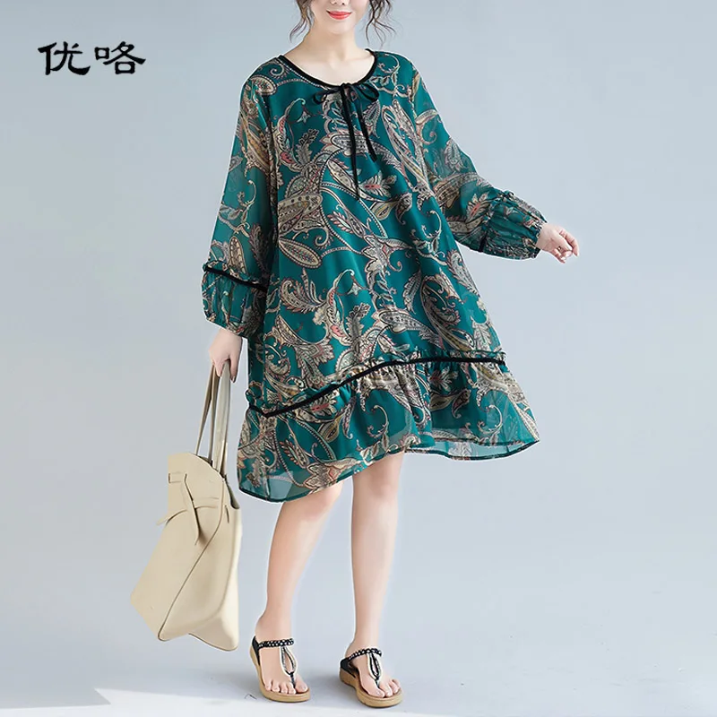 

2019 New Spring Fashion Chiffon Dress Women Large Size Art Print Flower Vintage Dresses Ladies Casual Loose Retro Midi Dress 4XL