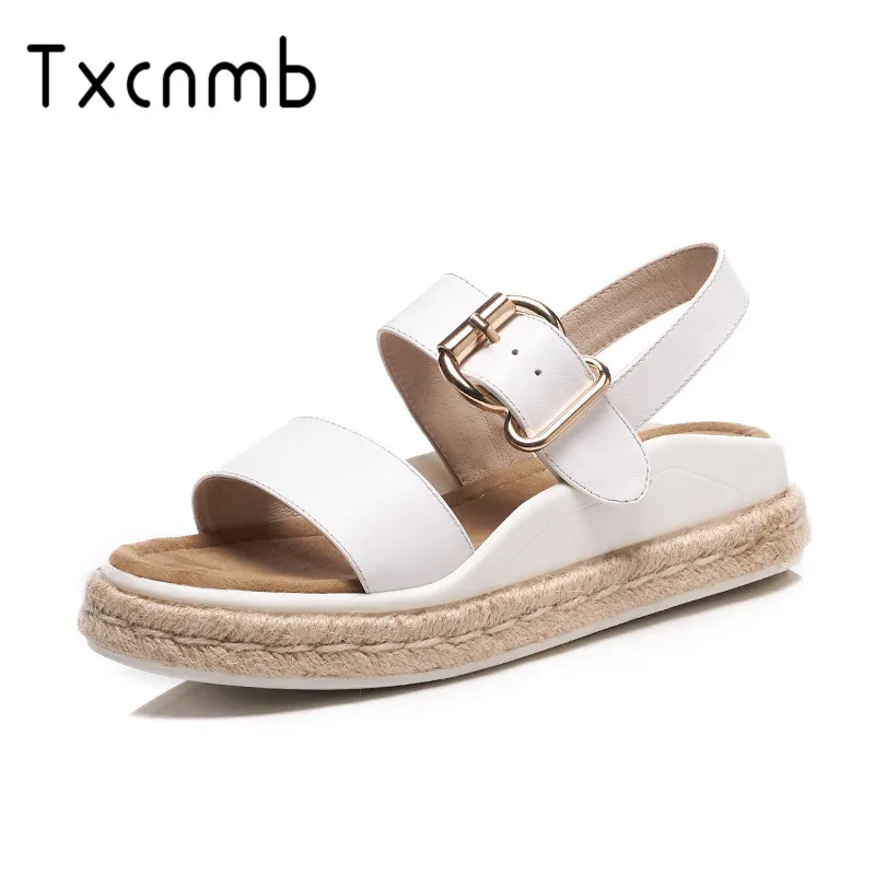 

TXCNMB 2019 newest high heel flat sandals women genuine leather shoes buckle summer shoes simple casual shoes ladies beach shoes