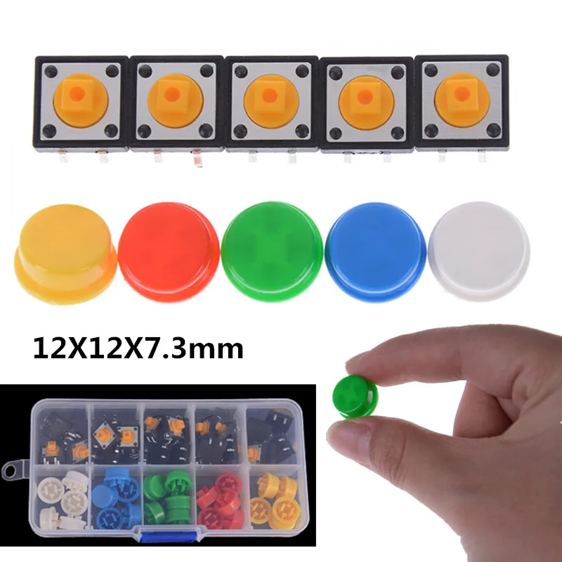 

25Pcs/set 5 Colors Tactile Push Button Switch Momentary Micro Switch Button + 25PCS Tact Switch Cap 12*12*7.3MM