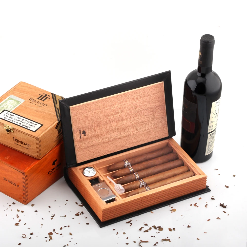 COHIBA дорожная коробка для сигар Портсигар кожаный кедровый деревянный Sigaren коробка с увлажнитель с гигрометром резак портативная сигара Humidor