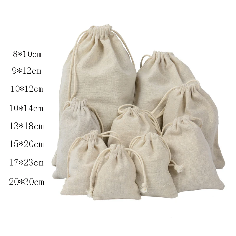 50pcs White Cotton Sacks Jute Bags Natural Burlap Gift Candy Pouch Drawstring Bags Wedding Party Favor Pouch Gift Storage bags
