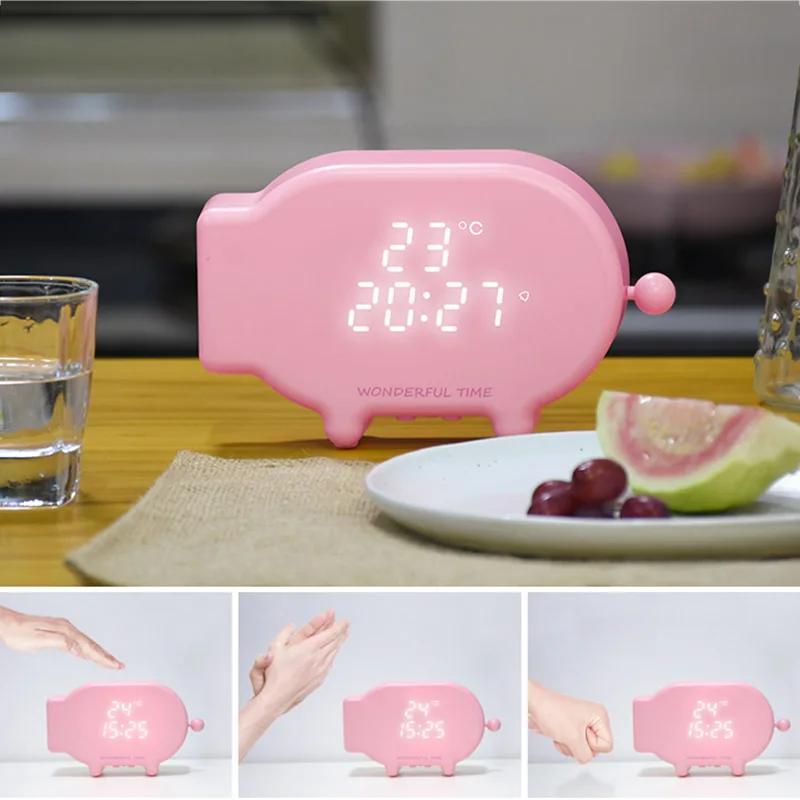 New Multifunction Cartoon Pig Alarm Clock Temperature Lamp Function USB Charge Clock for Bedroom NE