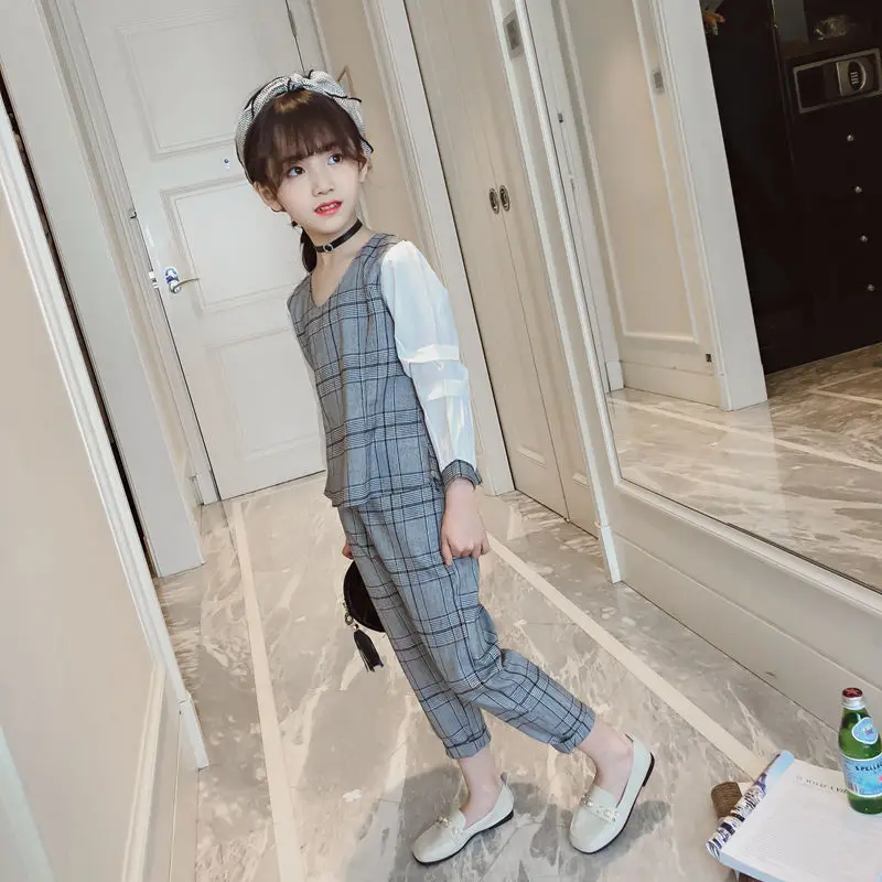 

Toddler Gilr Clothing Set Long Sleeve Plaid Shirt + Pant 2pcs Spring Kids Girls Clothes Set For 4 5 6 7 8 9 10 11 12 13 Years