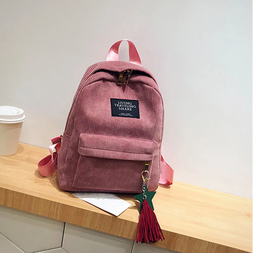 HTNBO Women Backpacks School Soulder Bag With Tassel Corduroy Backpack Female Notebook Bags For Gir - 32957769958