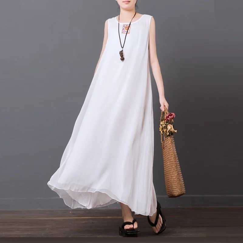 Этнические платья лето халат для медитации винтажные женские белые без рукавов с круглым вырезом Макси богемные платья Пляжные вьетнамское платье TA1670 - Цвет: 1