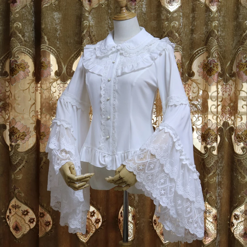  Retro Victorian Chiffon Blouse Long Flare Sleeve Ruffled White/Black Lolita Shirt