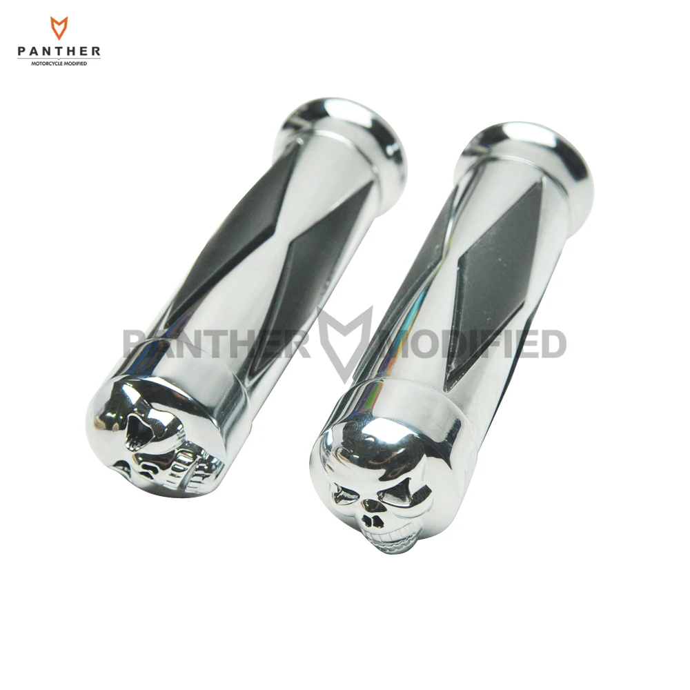

1" Chrome Diamond SKULL Motorcycle HAND GRIPS case for Harley Sportster Dyna Softail Bobber Chopper FL