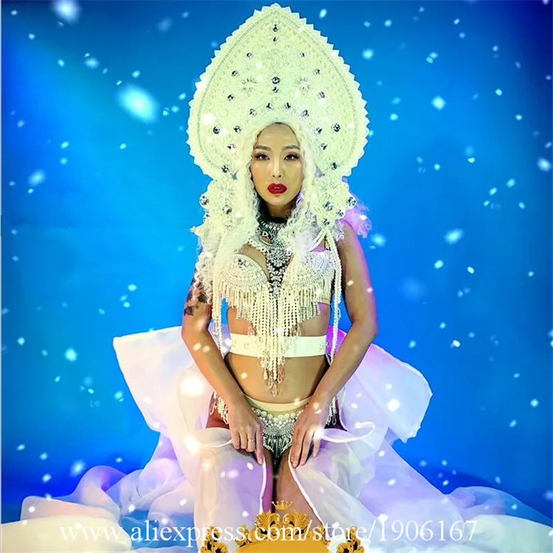 singer performance show dree outfits sexy female pole dance costumes bar catwalk bikini bra pearl headwear bodysuit01