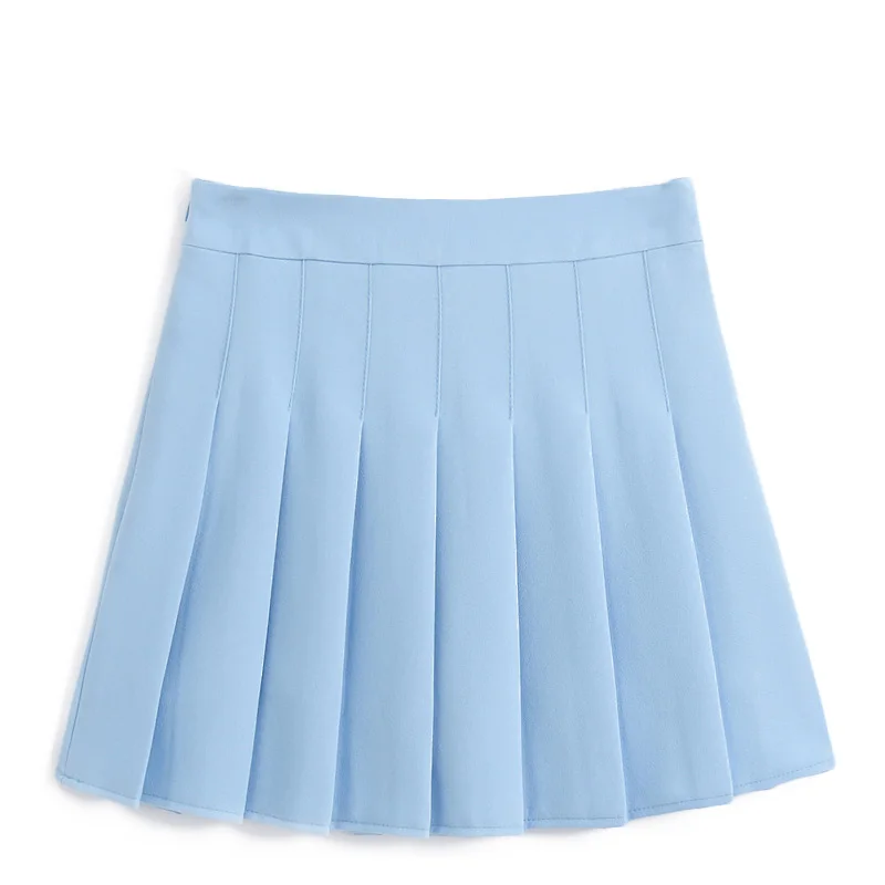 Женская мини-юбка, однотонная, тонкая, высокая талия, на молнии, безопасная, Классическая, для девушек, в теннисном стиле, европейская, плиссированная юбка - Цвет: Sky blue