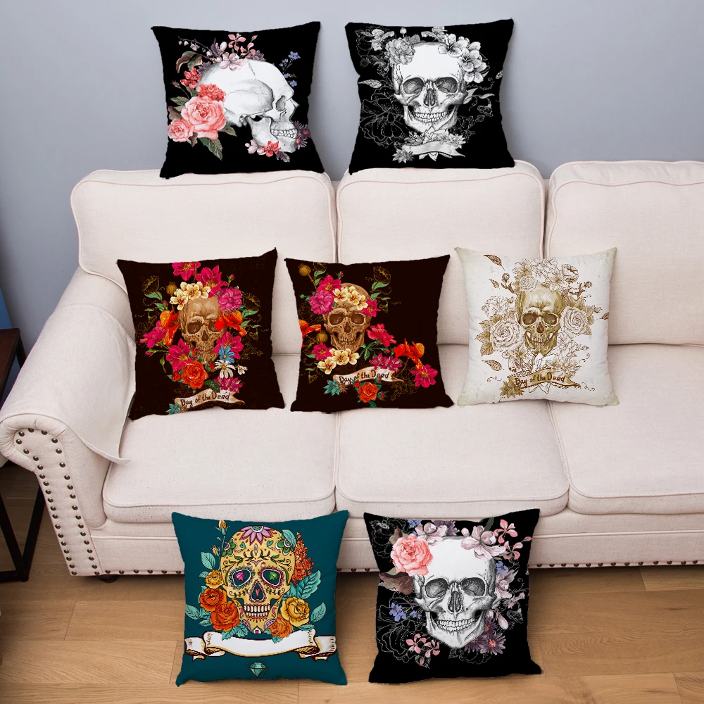 

Dead Skull Head Flowers Print Cushion Cover Super Soft Short Plush Pillowcase 45*45 Throw Pillows Covers Home Decor Pillow Case
