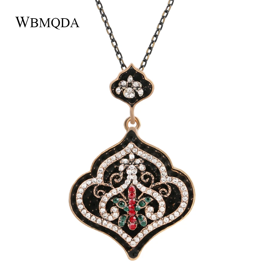 

2018 Hot Vintage Black Enamel Crystal Pendant Necklace Ethnic Big Statement Necklace Women Antique Gold Accessories Boho Jewelry