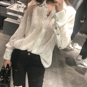 

Women Sexy Sequined Long Sleeve Blouse Women Spring Transparent Silver Club Party Shirts Sexy Shiny Tight Thin O Neck Blusa Tops