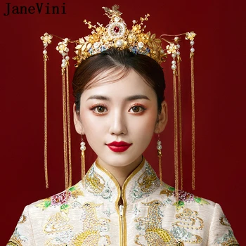 

JaneVini Luxury Chinese Wedding Crown with Earrings Ancient Gold Hairpins Beaded Long Tassels Bridal Jewelry Hair Accessories