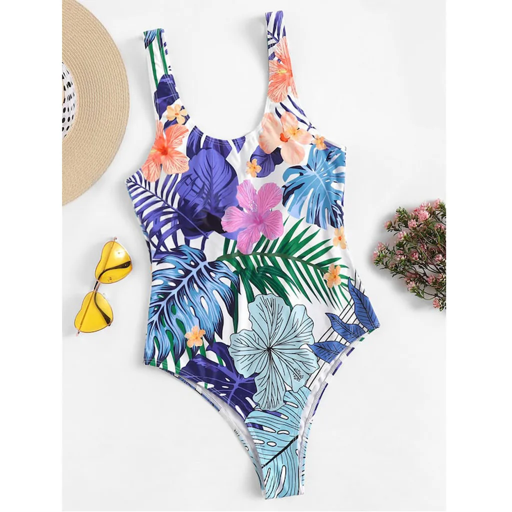 

Women's Sexy one-piece Leaf Flower printed swimsuit with thin strappy backless Beach One-piece Bathing Set Padded Bra Beachwear