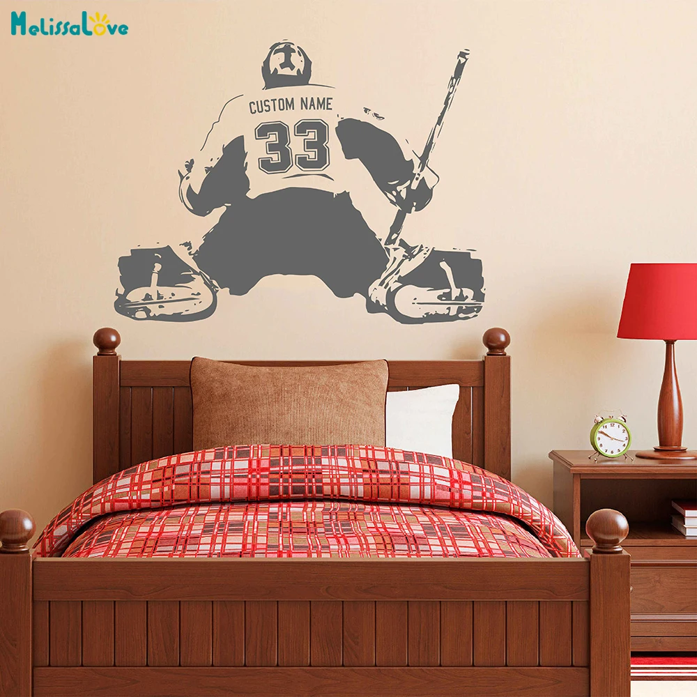 Хоккейный Вратарский игрок, настенная наклейка, наклейка на стену, персонализированное имя, номер, домашний декор, наклейка на стену s для детской комнаты, мальчик, спальня A184