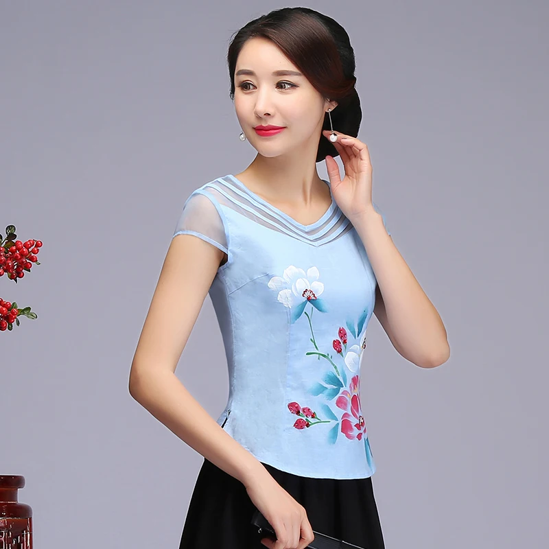 Китайская женская деловая рубашка с цветочным принтом, элегантная хлопковая льняная одежда с коротким рукавом, Новая Винтажная Улучшенная блузка размера плюс 3XL