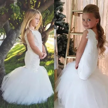

2018 Flower Girl Dresses for Weddings Mermaid Appliques Beaded Girls Pageant Gowns Floor Length white/ivory Any Size