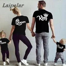 2018 Summer family Tshirt O-neck King Queen prince Princess Crown Letter Print Tee Cotton Couple Casual Shirt Valentine Matching letter print matching couple tee