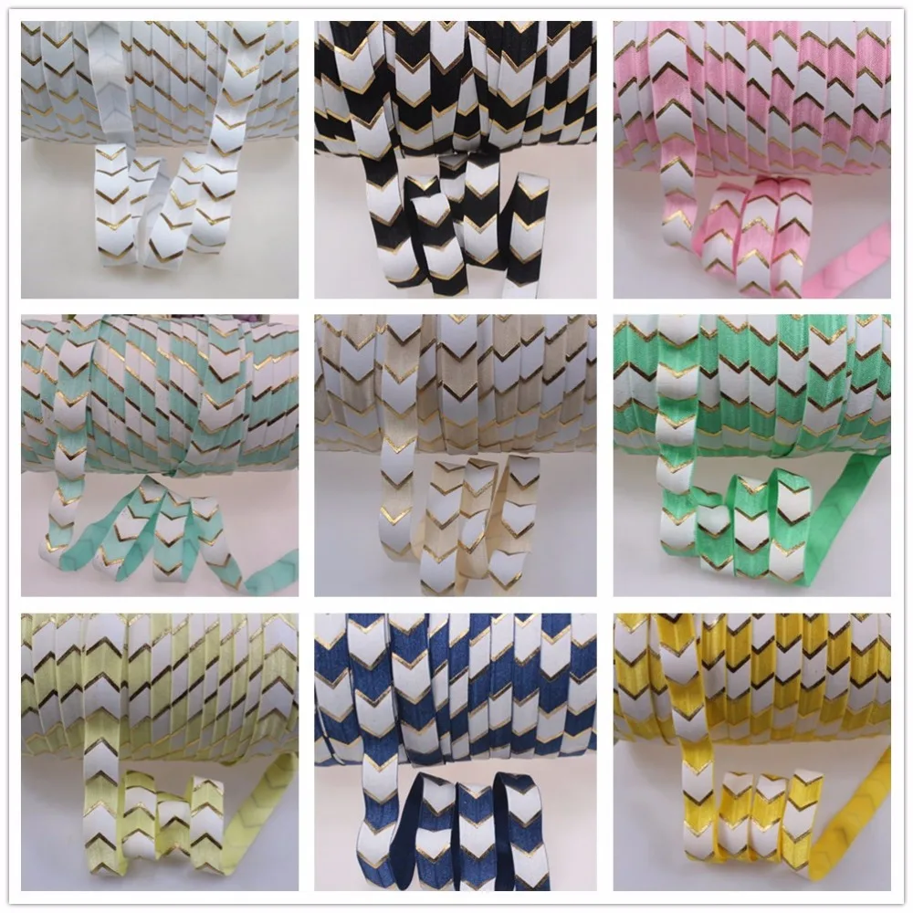 

12 colors Big gold chevron with ink Printed Fold Over Elastic 5/8" foe elastic 50 yards per lot