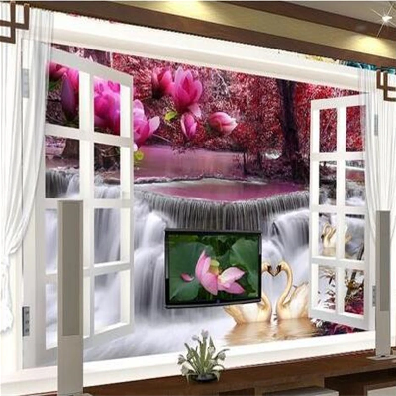 

Обои для гостиной, спальни, 3d окна, водопад, ТВ, фотообои, обои, обои