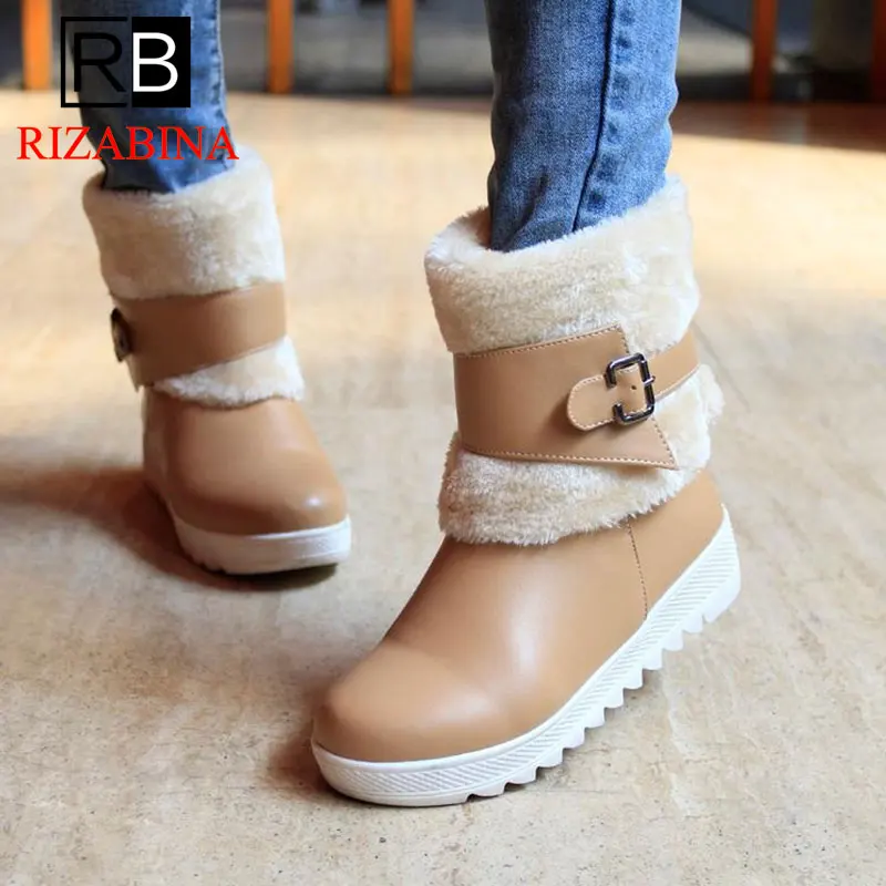 

RizaBina Women Snow Boots Plush Fur Winter Flats Boots Mixed Color Women Shoes Metal Buckle Fashion Short Boots Size 34-40