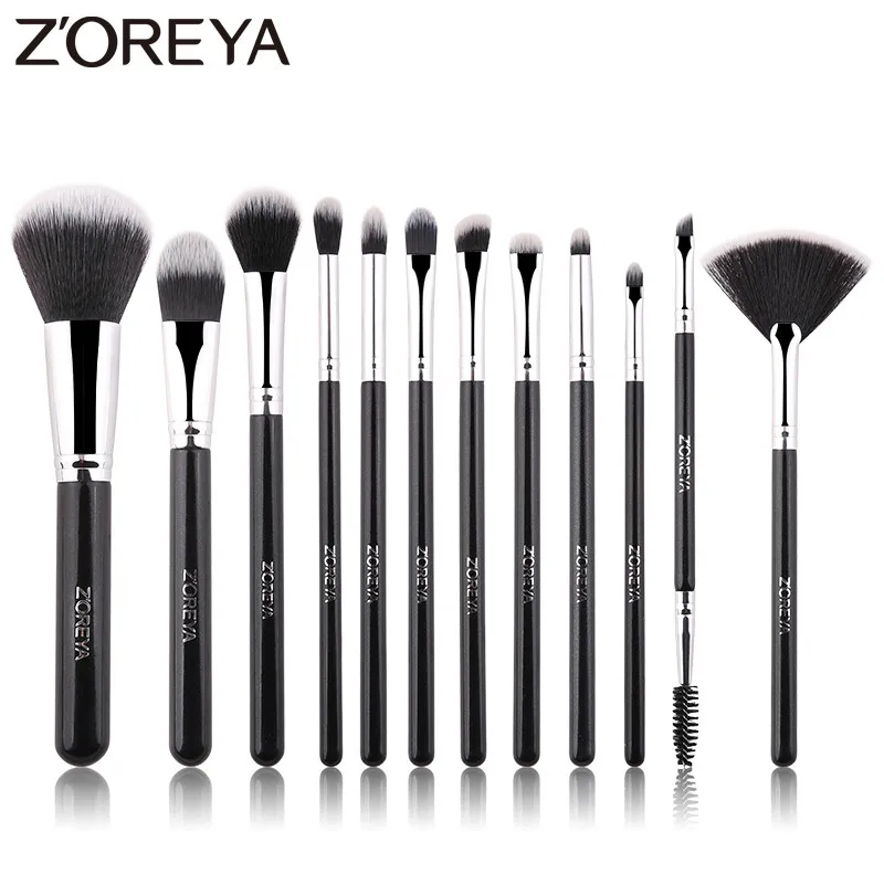 Zoreya бренд 12 шт черные кисти для макияжа из синтетического волоса, пудра основа веер тени для век Кисть для корректора, растушевки косметический набор