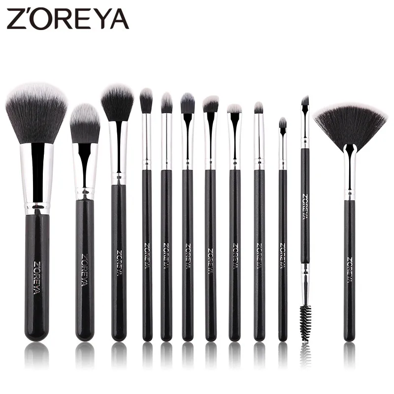 

Zoreya Brand 12Pcs Black Makeup Brushes Synthetic Hair Powder Foundation Fan Eye Shadow Concealer Blending Brush Cosmetic Set