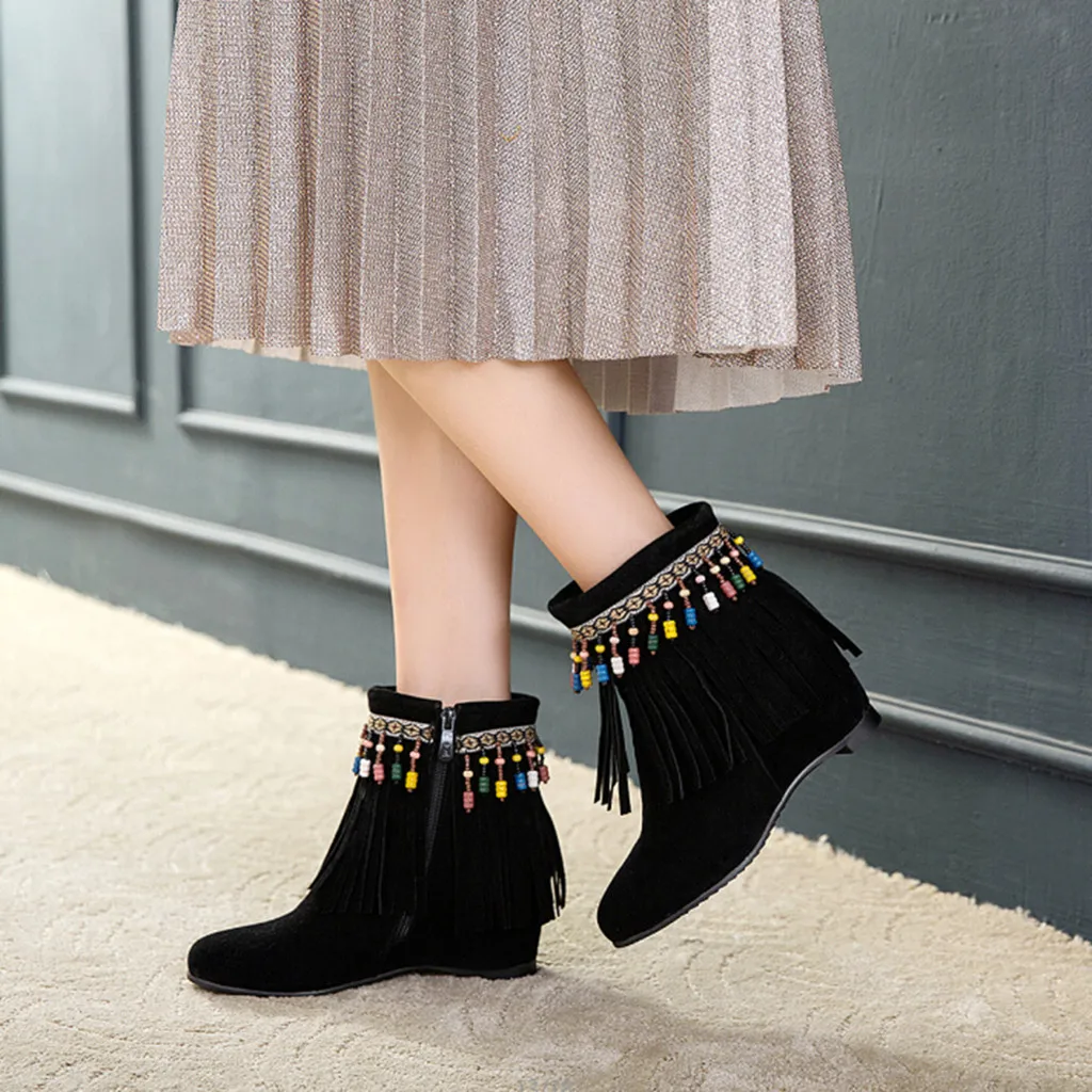 

String Bead Fringe ankle boots for women with platform autumn winter Flock Ethnic platform boots shoes woman chaussures femme
