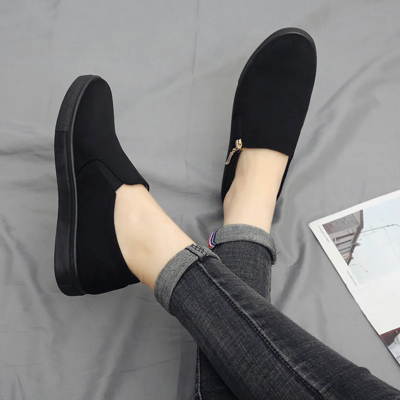 2019 women canvas shoes casual thick bottom flat with breathable female sneakers pure black zapatillas mujer with zippers