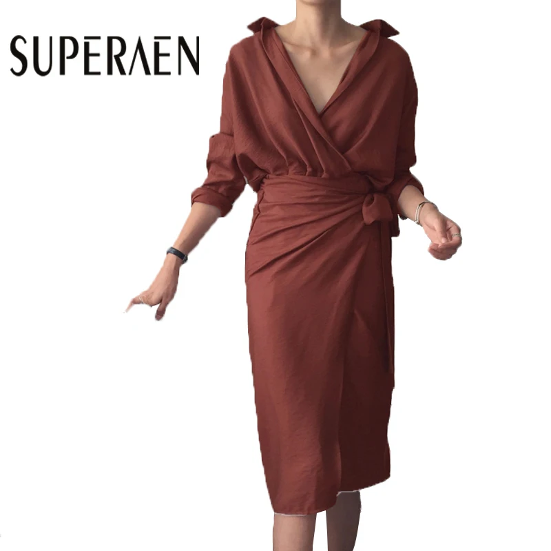 

SuperAen Women Fashion Dress Solid Color Cotton Temperament Dress Ladies Long Sleeve Autumn New 2017 Korean Style Women Dress