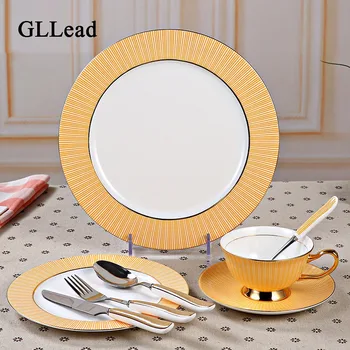 

GLLead Western Style Bone China Tableware Steak Cake Plate Dinnerware For Coffee Cup Saucer Cutlery Set European Dish Fruit Tray