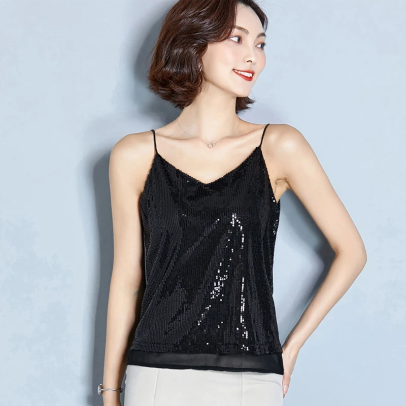 

Women Stylish Casual Sequined V Neck Backless Women blouse sleeveless Solid Glitter sequined design Loose female sexy chic tops