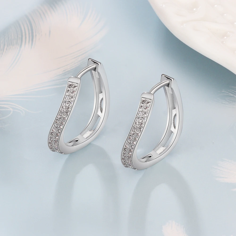 Серьги кольца женские изогнутые серебряного цвета с цирконом|hoop earrings|earrings