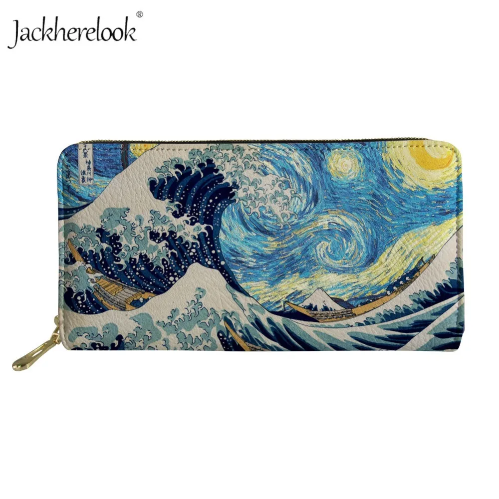 

Jackherelook Women Lady Wallets Leather Purses Totes Starry Night Wave Print Long Clutch Bags Girls Zipper Card Coin Pouch Pack