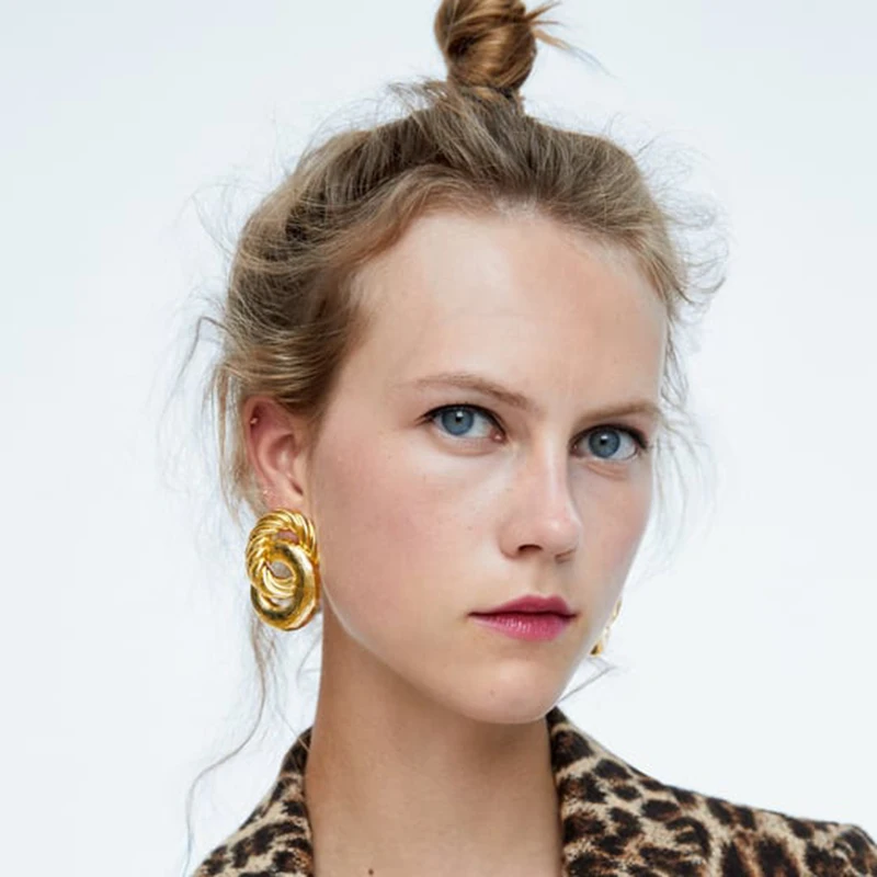 

JERPVTE ZA Fashion Gold Color Drop Earrings For Women Big Double Circle Earings Party Metal Punk Jewelry Gift Hot Sale
