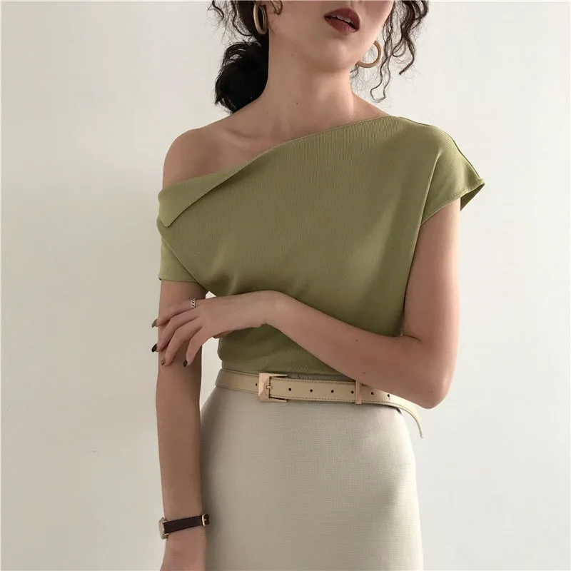 

New Sexy T Shirt Women Fashion Solid Tshirt Summer Tops Female Irregular Casual Short-sleeved T-shirt Slim Fit Tops