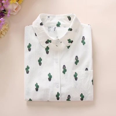 Удобная Повседневная Женская блузка с длинным рукавом и открытым воротником; рубашка с принтом «пчела Микки» и «кактус»; женская рубашка; топы - Цвет: Cactus