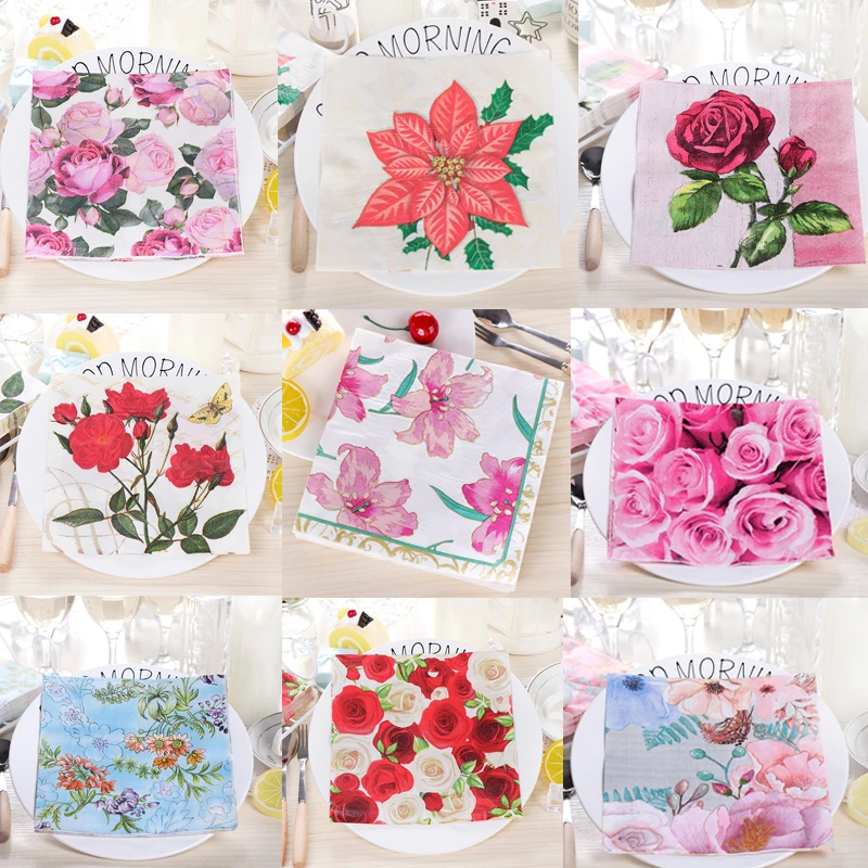 

33x33cm 20Sheets Rose Flower Paper Napkins for Decoupage Decorative Flower Party Tissues Wedding Party Disposable Tableware