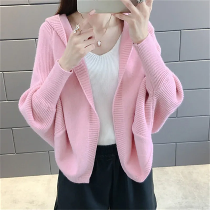 

Early spring autumn shawl jacket ladies cape Bat type Hooded short cardigan sweater new Leisure winter Solid color coat AS1058
