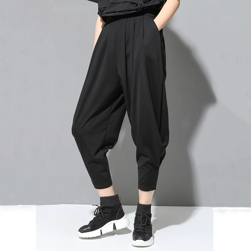 

Summer 2019 black high waist harem pants women korean style pleated pockets loose casual ladies trousers pantalon streetwear