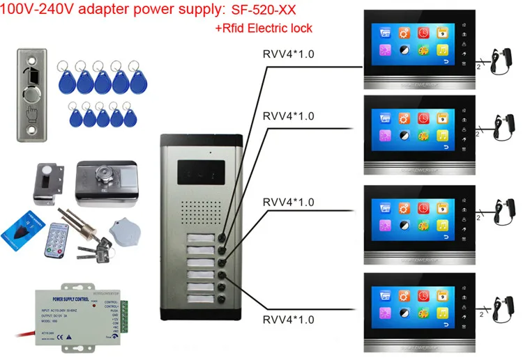 Для 4 квартиры видеозапись Проводной Домашний видеодомофон Rfid замок видеофон 8 Гб " sd-карта внутренний монитор 4 единицы домофона