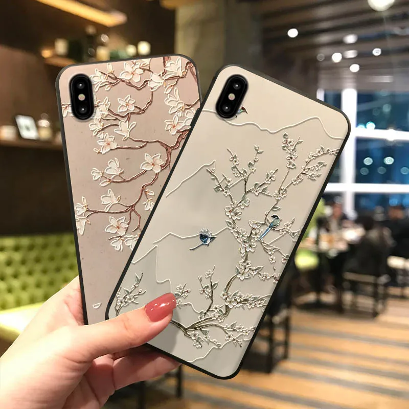 

Hot Flower Bird Embossed Phone Case for iPhone XS MAX XR Soft Back Cover for iPhone X 8 7 6S 6 Plus Coque for OPPO R15 R17 Capa