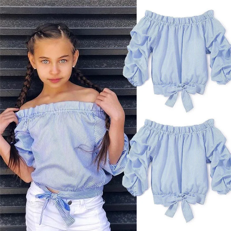 PUDCOCO Toddler Baby Girls Blue&White Striped Long Sleeves Tops Off Shoulder Summer casual T